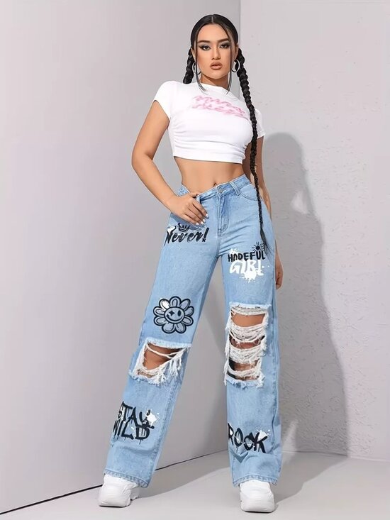 A Classy Chic Boutique Denim - Graffiti Distressed Wide Leg Jeans